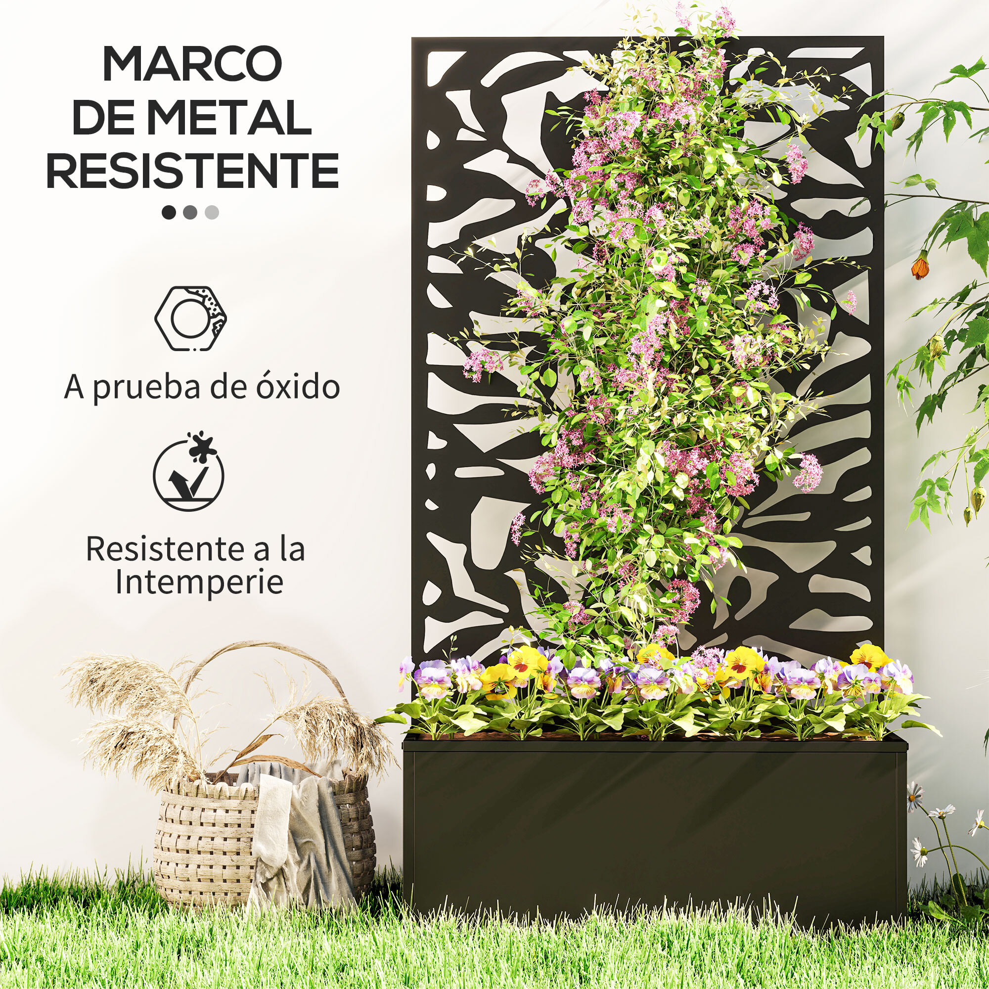 Jardinera Exterior Grande de Metal Jardinera con Pantalla de Privacidad de Hojas Sólidas Decorativas Jardinera de Pared o Independiente para Patio Terraza 61x23x113 cm Negro
