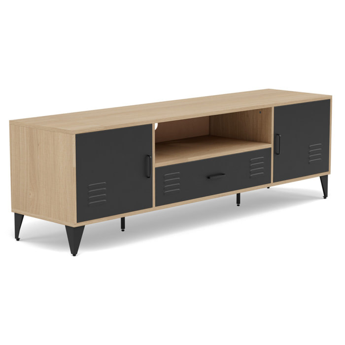Tribeca - meuble tv - effet bois et métal noir - 2 portes et 1 tiroir - 160 cm - Bois / Noir