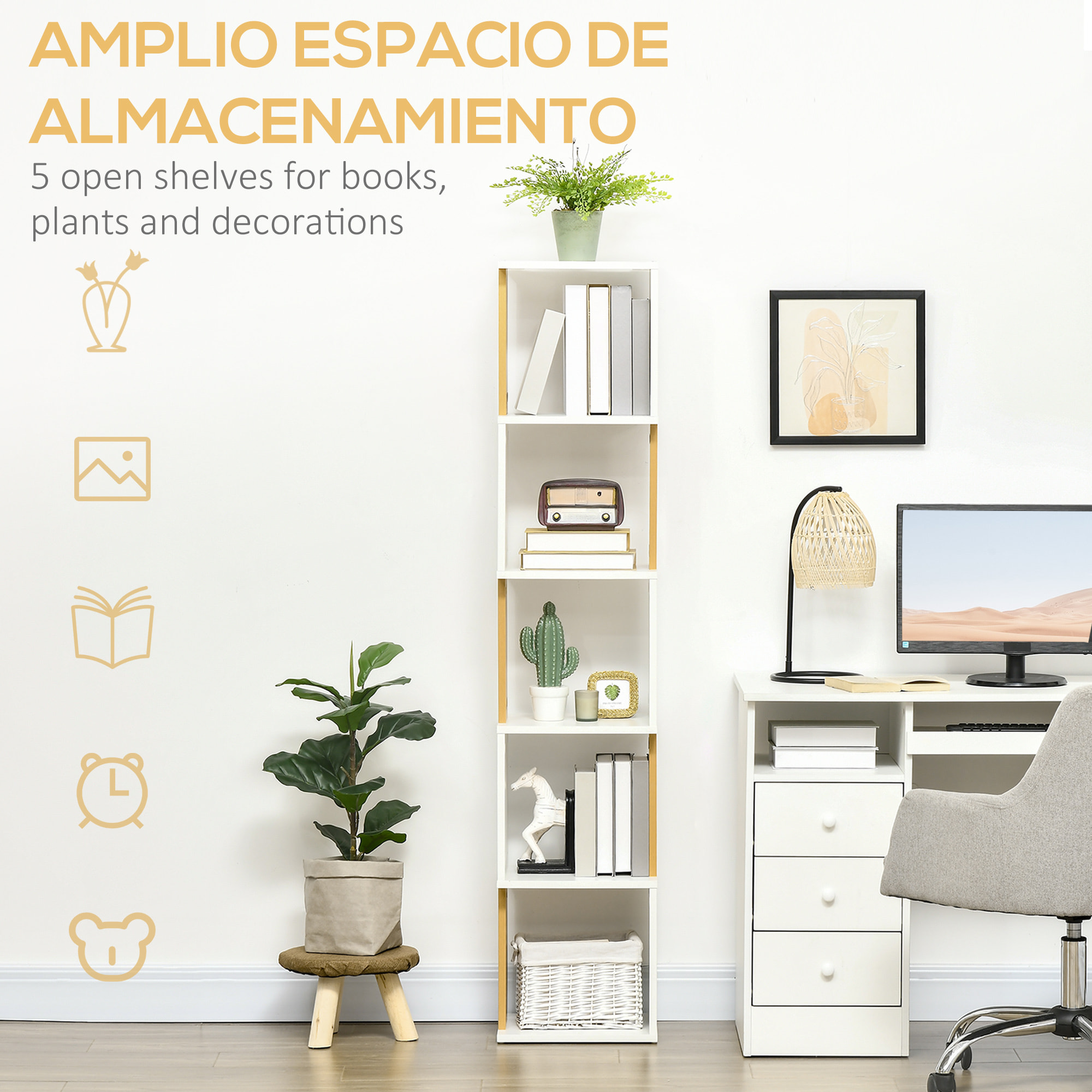 Estantería Librería en Forma S con 5 Estantes Abiertos para Salón 33x28x161 cm