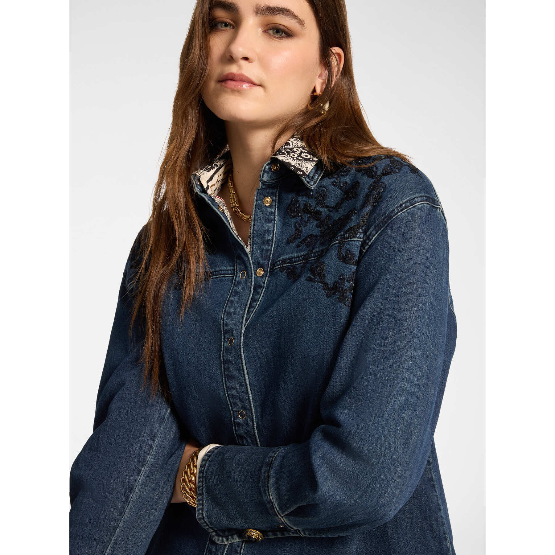 Elena Mirò - Camicia lunga in denim con ricamo - Blu