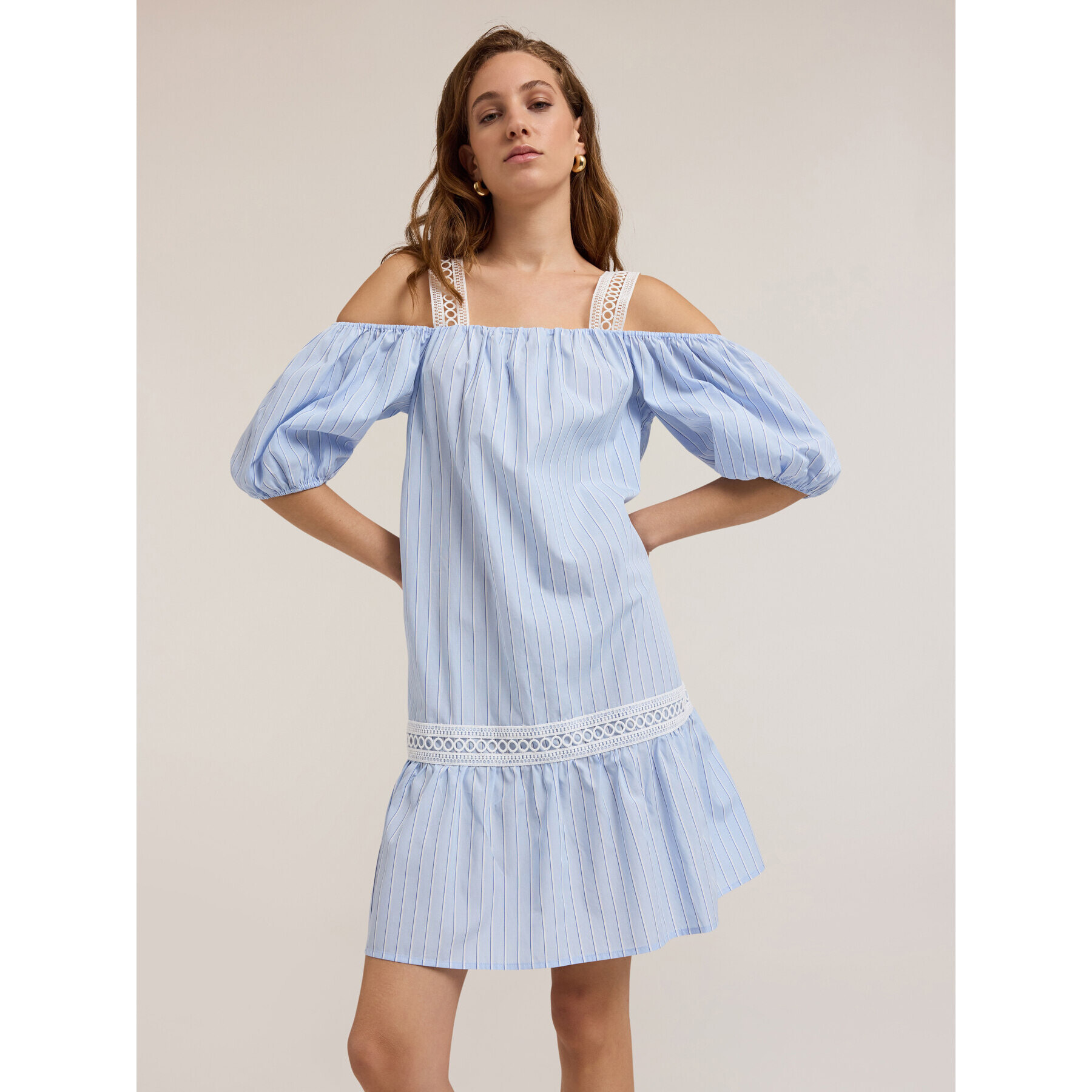 Motivi - Vestido de popelina a rayas con volante - Light - blue