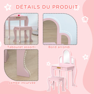 Coiffeuse enfant design girly - tabouret inclus - dim. 52L x 32l x 85H cm - tiroir, 3 miroirs - MDF bois de pin - rose poudré