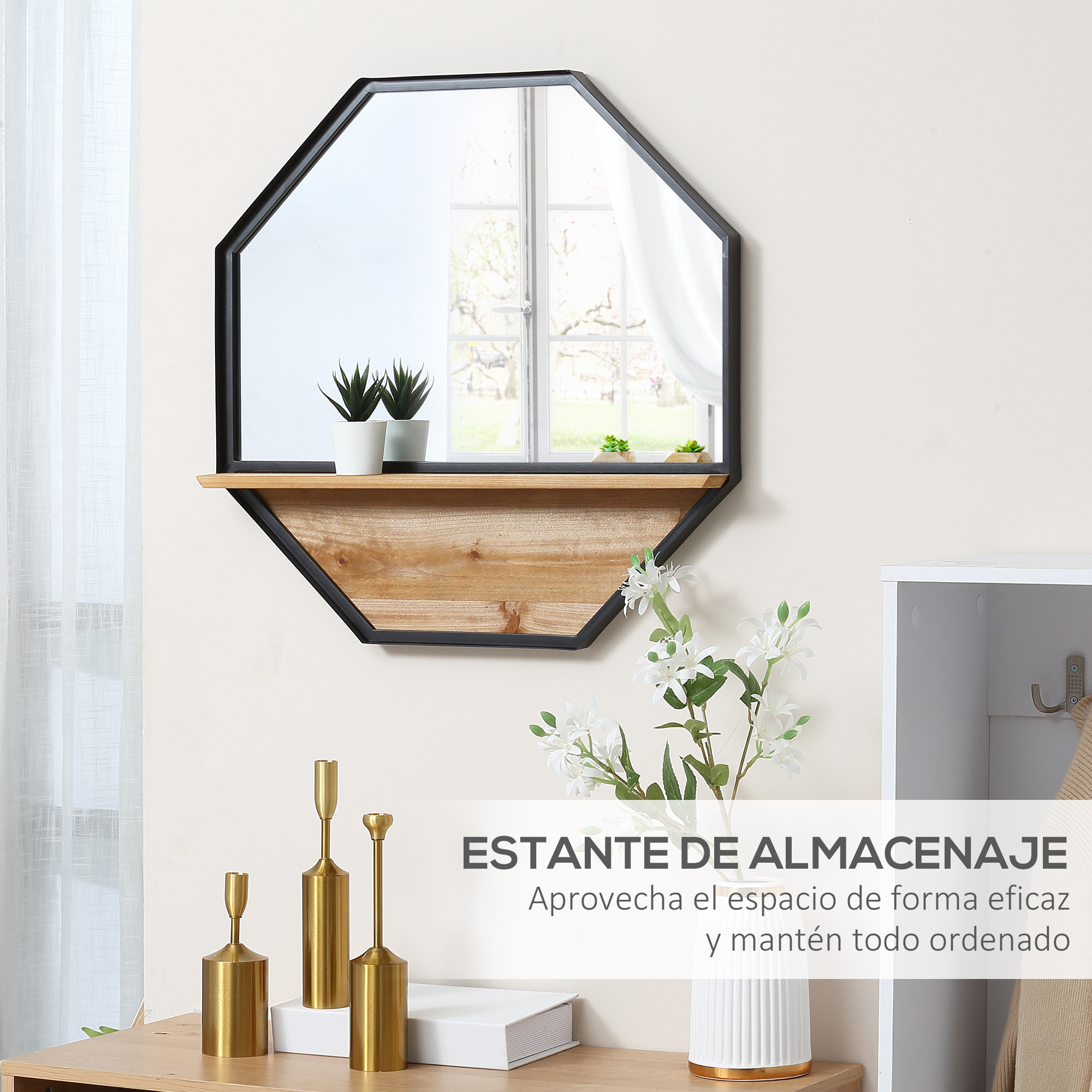 Espejo Decorativo de Pared 61x61 cm con Estante de Almacenamiento para Salón