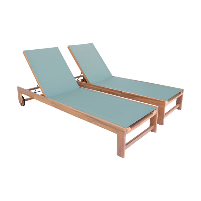 Lot de 2 bains de soleil en bois d'acacia et textilène kaki. multi positions avec roulettes