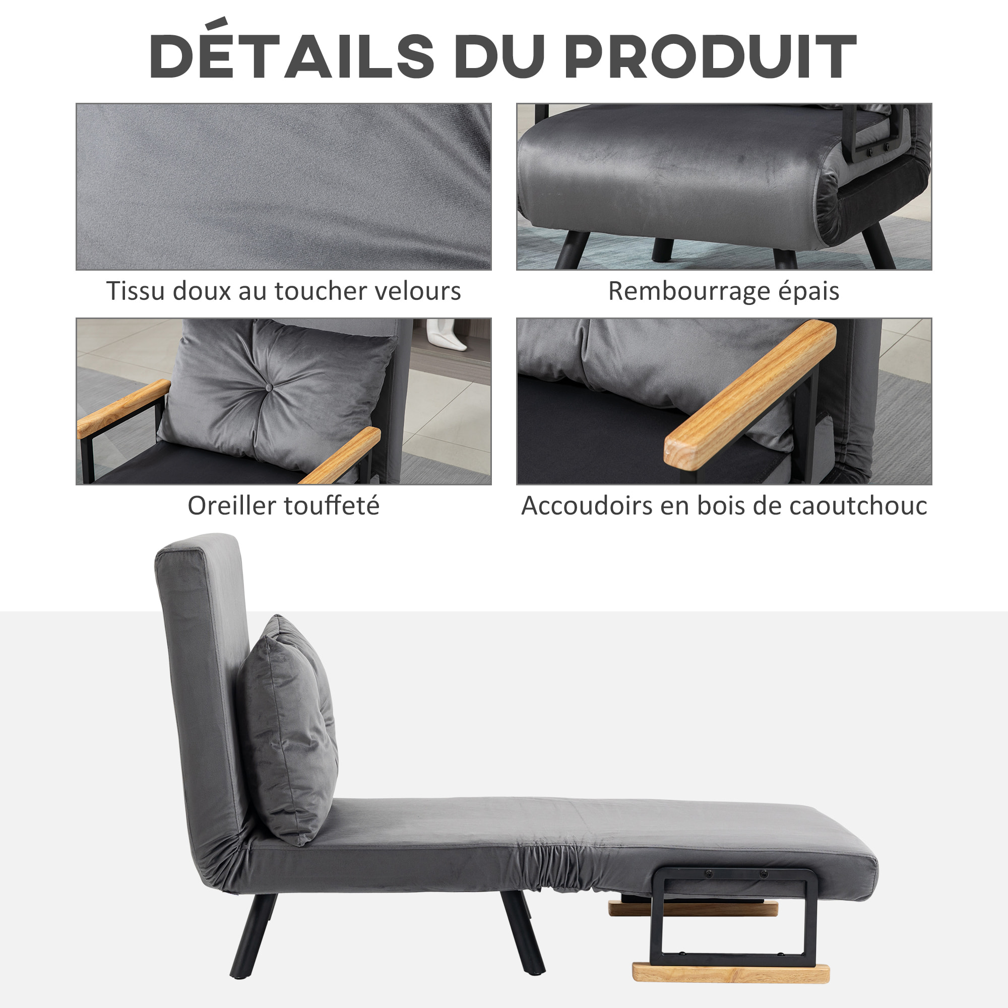 Fauteuil convertible 3 en 1 chauffeuse lit dossier réglable coussin accoudoirs bois velours anthracite
