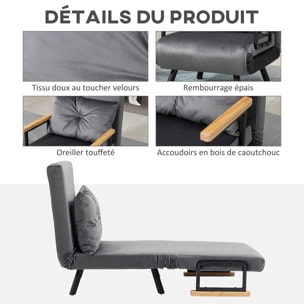 Fauteuil convertible 3 en 1 chauffeuse lit dossier réglable coussin accoudoirs bois velours anthracite