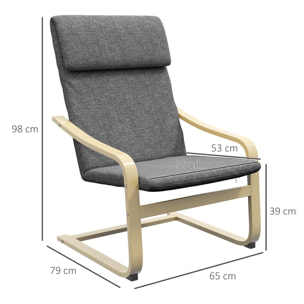 Fauteuil de salon, fauteuil chambre avec accoudoirs incurvés, coussin, chaise de salon en tissu aspect lin, 65 x 79 x 98 cm, gris