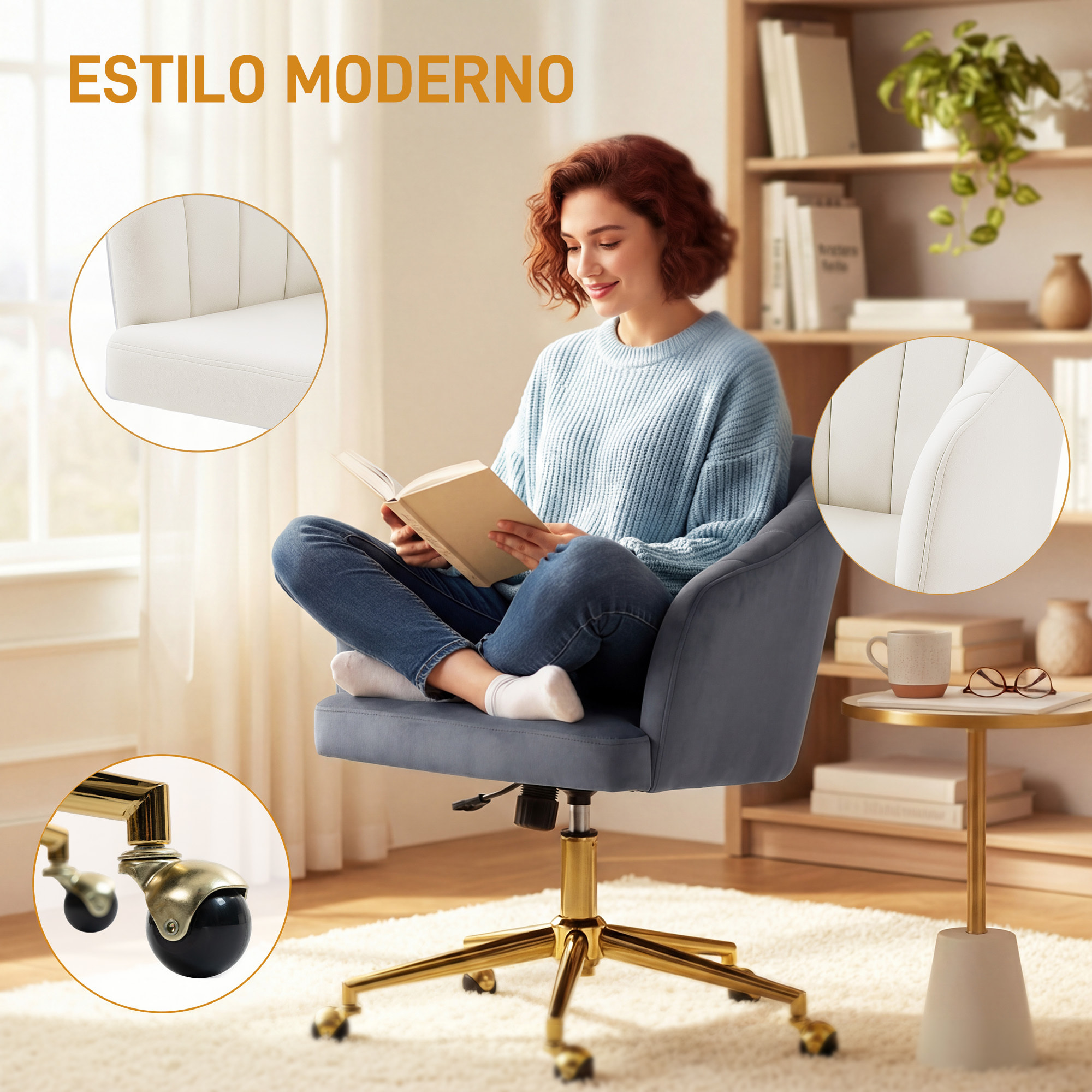 Silla de Oficina con Ruedas, Silla de Escritorio de Terciopelo con Respaldo Acolchado con Costuras, Asiento Ancho, Altura Ajustable, Espuma de Alta Resiliencia, para Casa, Oficina, Gris