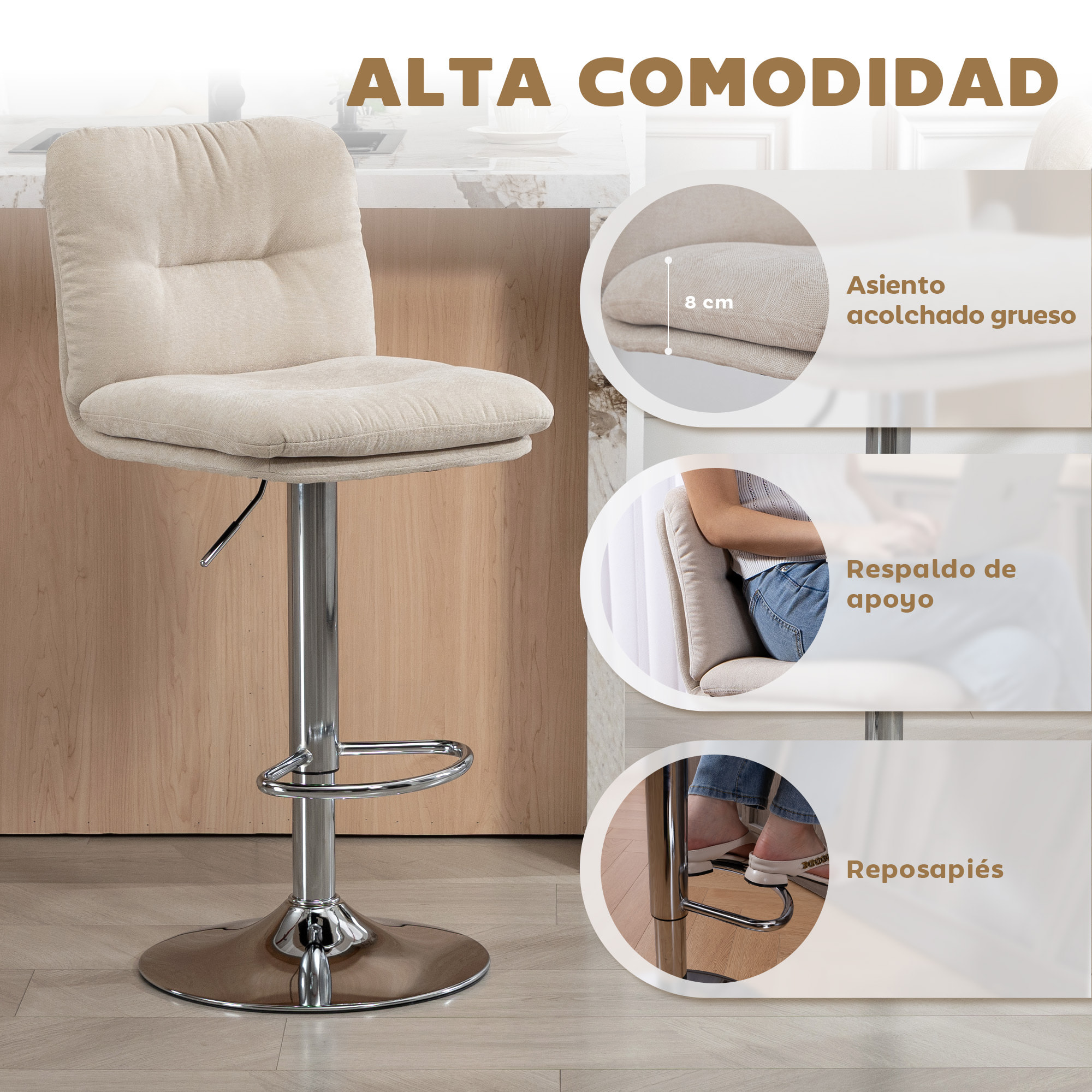 Juego de 2 Taburetes de Bar Giratorios, Taburetes Altos de Cocina Tapizados de Lino con Altura Ajustable 64-86 cm, Respaldo, Reposapiés, Asiento Acolchado y Base de Acero, Beige