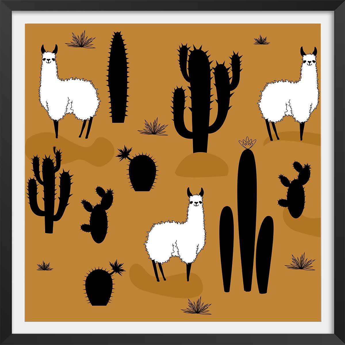 Affiche illustration lama et cactus Affiche + cadre en bois - Noir