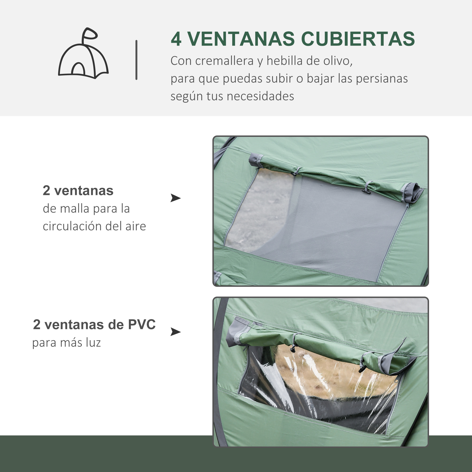 Tienda de Campaña Pop up para 4-5 Personas Tienda de Camping Instantánea con Ventanas Bolsillos y Bolsa de Transporte Impermeable Anti-UV 263,5x220x123 cm Verde y Gris