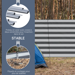 Paravent brise-vue de camping portable pliable avec sac de transport et poteaux dim. 540 cm x 150 cm acier polyester gris blanc rayé