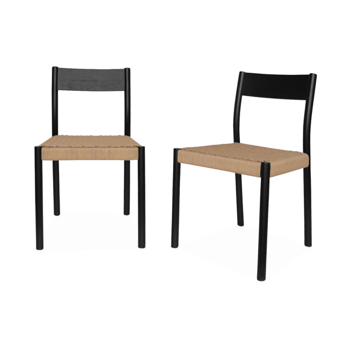 Lot de 2 chaises noires en bois et cordage. Ella. L 49.5 x P 53 x H 82cm
