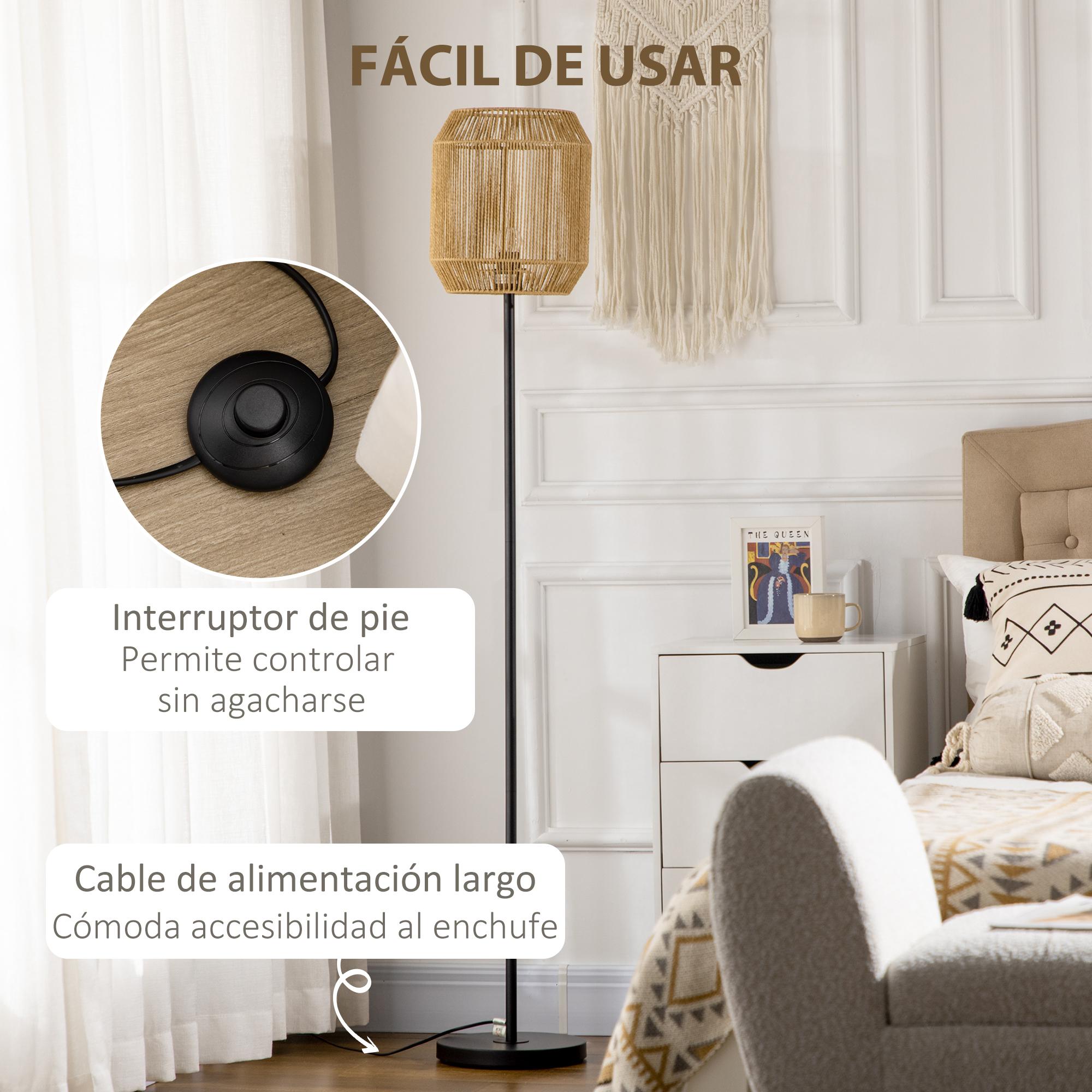 HOMCOM Lámpara de Pie para Salón Casquillo E27 Máx. 40W Lámpara de Suelo con Pantalla de Cuerda de Papel e Interruptor de Pie para Cocina Dormitorio Habitación Ø26x158 cm Natural y Negro