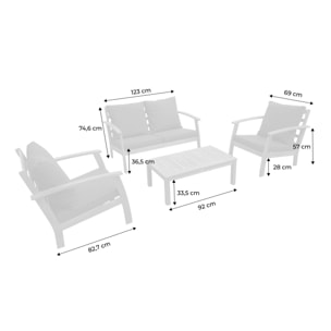 Salon de jardin en bois 4 places - Ushuaïa - Coussins écrus. canapé. fauteuils et table basse en acacia. design