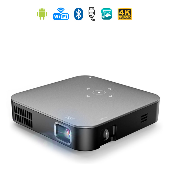 Mini video proyector LED portátil S200, DLP. Android 9.0, WiFi, panel táctil. Batería recargable. Duplicación pantalla. Netflix, Youtube, etc.