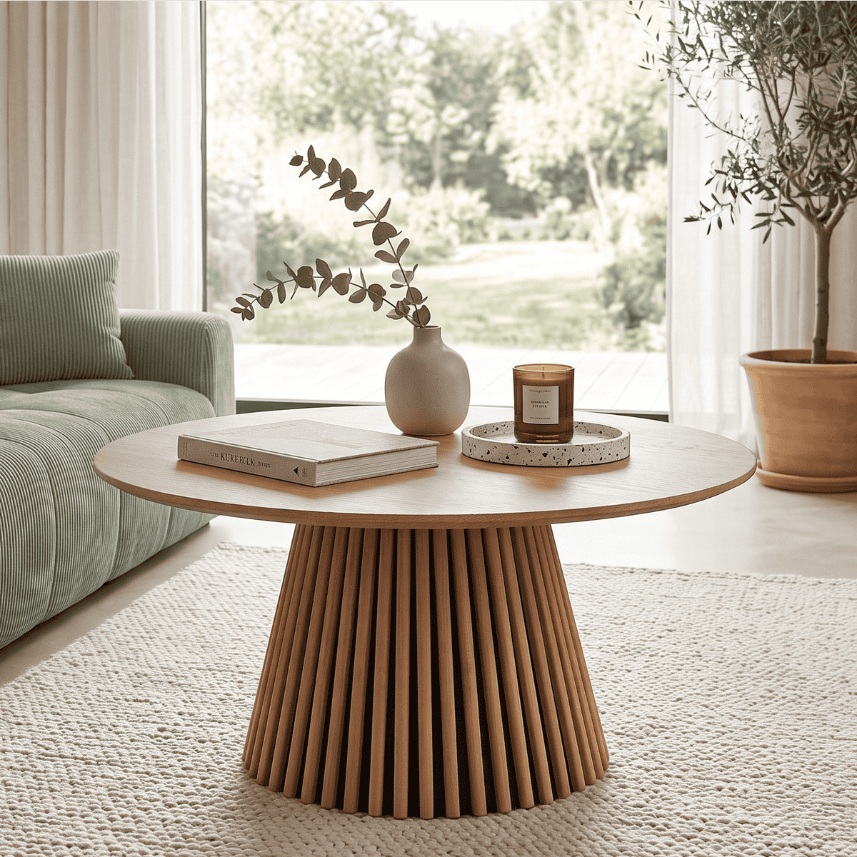 Table basse ronde en bois piètement cannelé - ADA