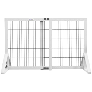 Barrière de sécurité pour chien, barrière de protection à 2 panneaux largeur réglable 63-106L x 44l x 67H cm, barrière pour escalier, porte, couloirs, en bois de pin et acier, blanc