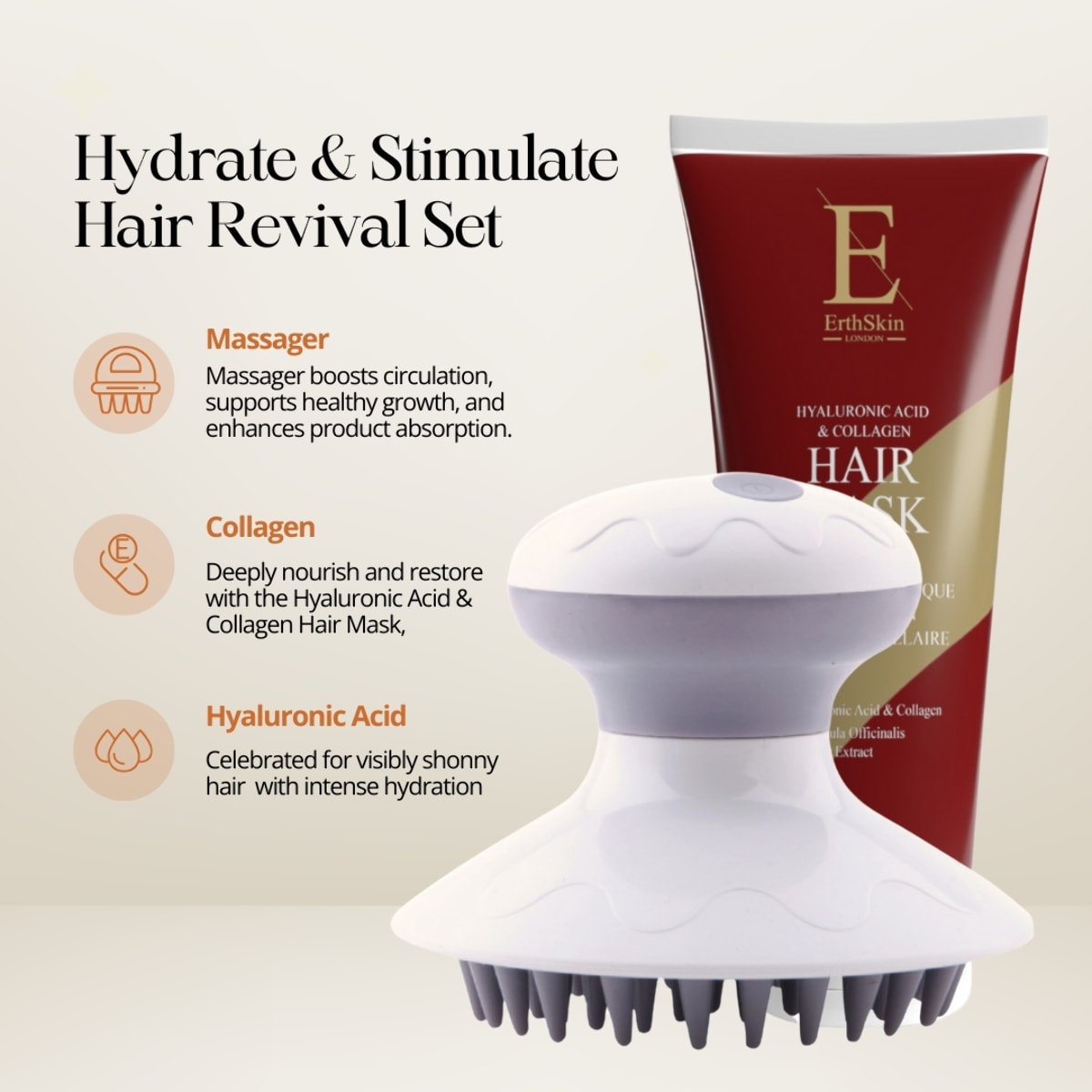 Mascarilla capilar de ácido hialurónico y colágeno + Tratamiento para el cuero cabelludo Masajeador profesional