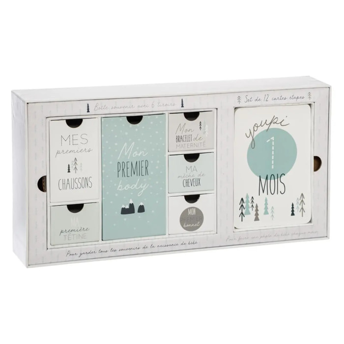Coffret de naissance souvenirs 6 tiroirs PPR et 12 cartes