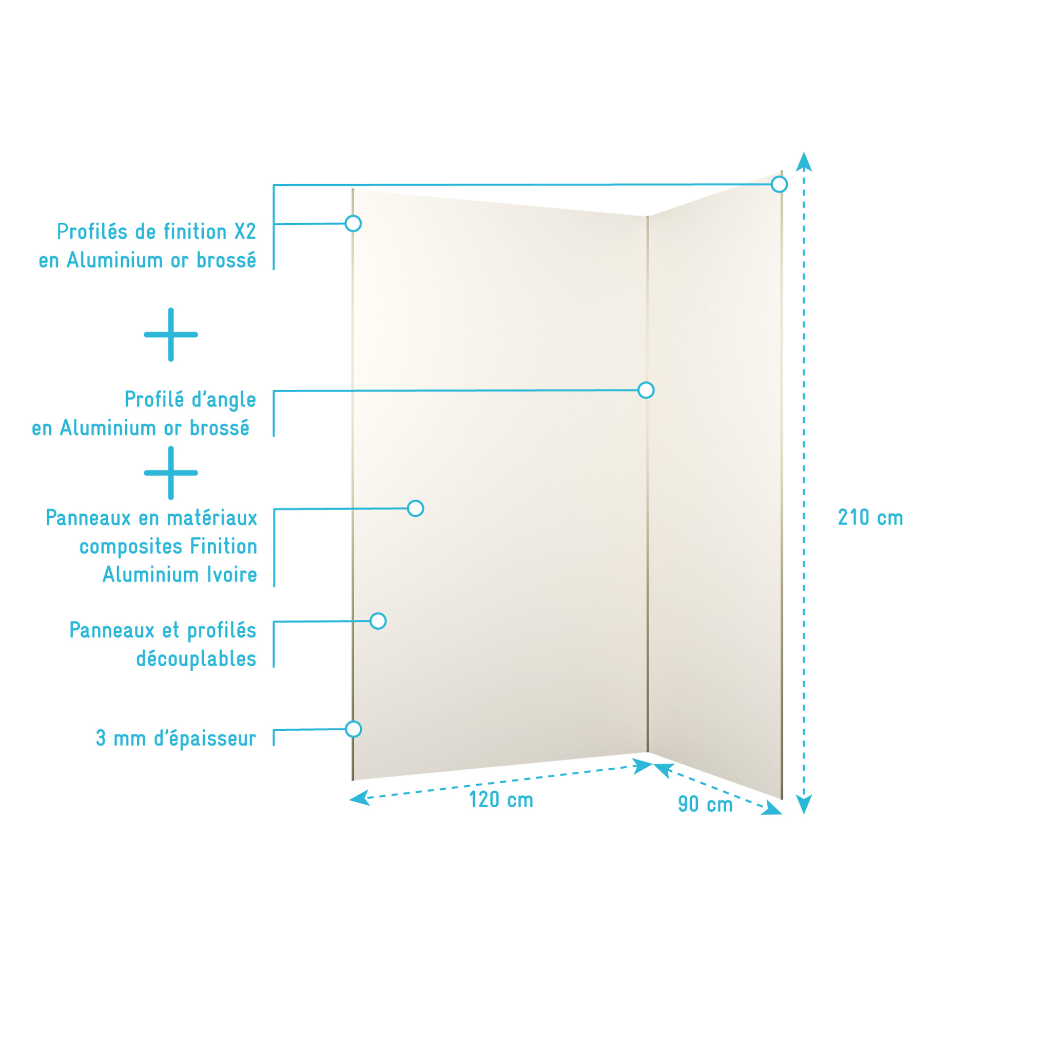 Pack 2 Panneaux Muraux en Aluminium Ivoire 120+90x210 cm + Profilés Or Doré Brossé