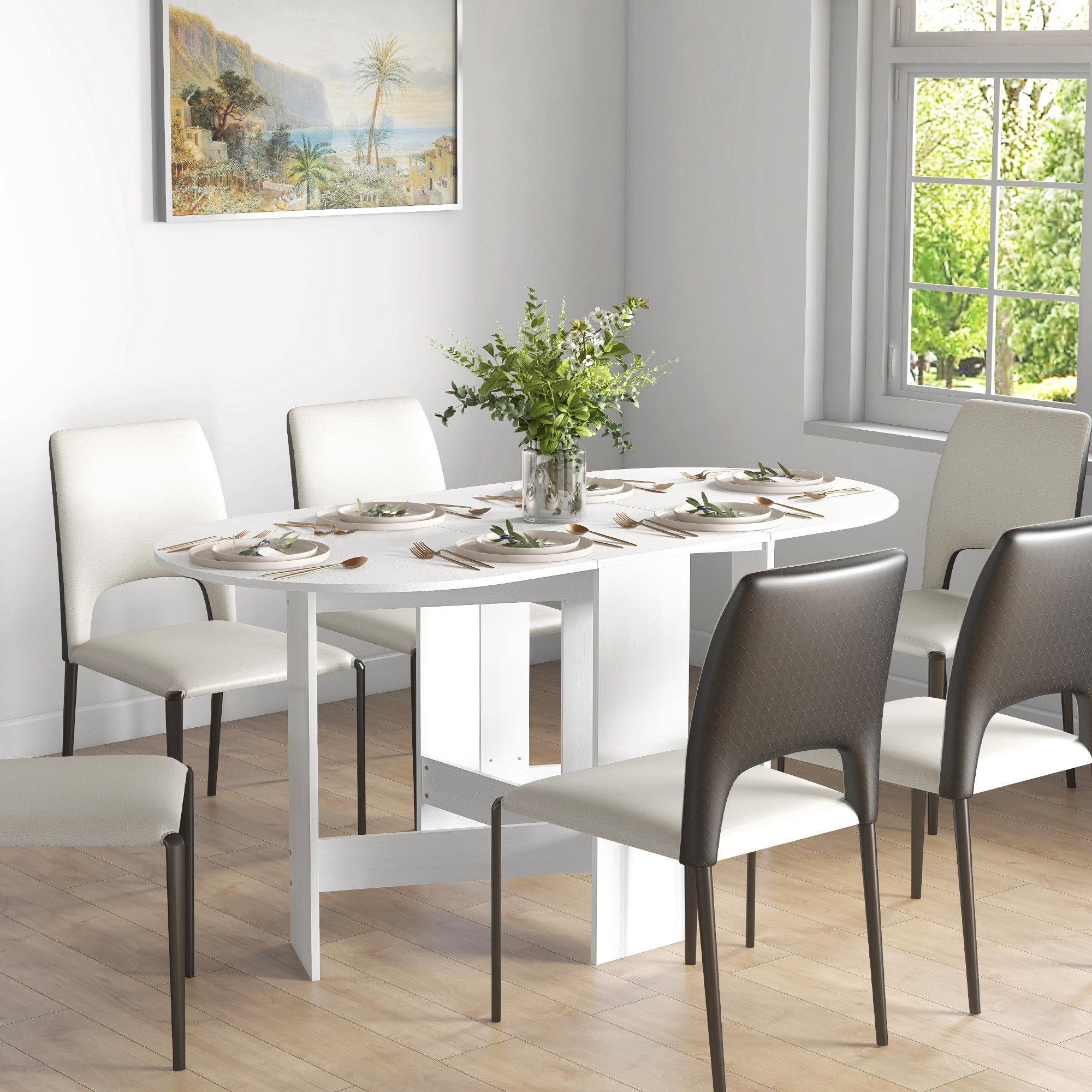 Table à manger pliante 6 personnes - table design effet bois blanc ovale