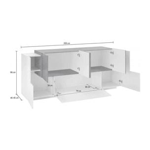 Credenza moderna a 7 ante, Made in Italy, Madia da cucina, Buffet di design da soggiorno, cm 200x45h86, colore Bianco lucido e Grigio Ardesia