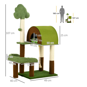 Árbol Rascador para Gatos Mediano 107 cm Torre para Gatos Centro de Actividades para Gatitos con Nido Poste de Sisal Césped Falso y Bola Colgante 49x40x107 cm Verde