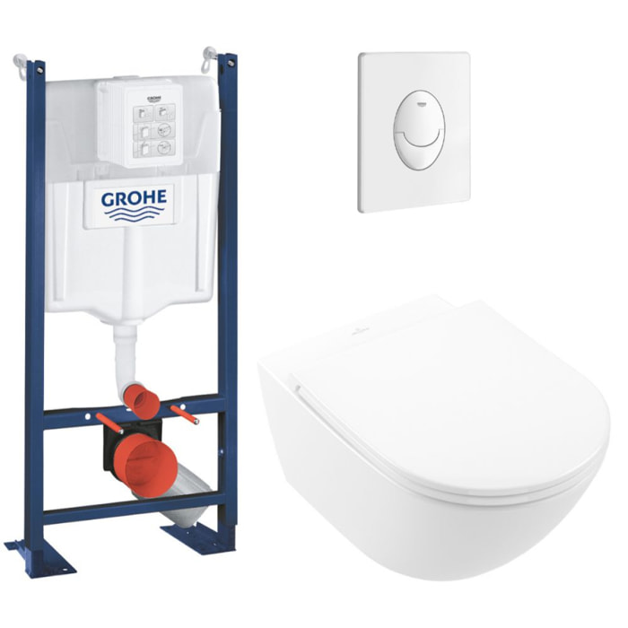 Lot WC modèle suspendu Universo TwistFlush blanc CeramicPlus + bâti et plaque blanche GROHE