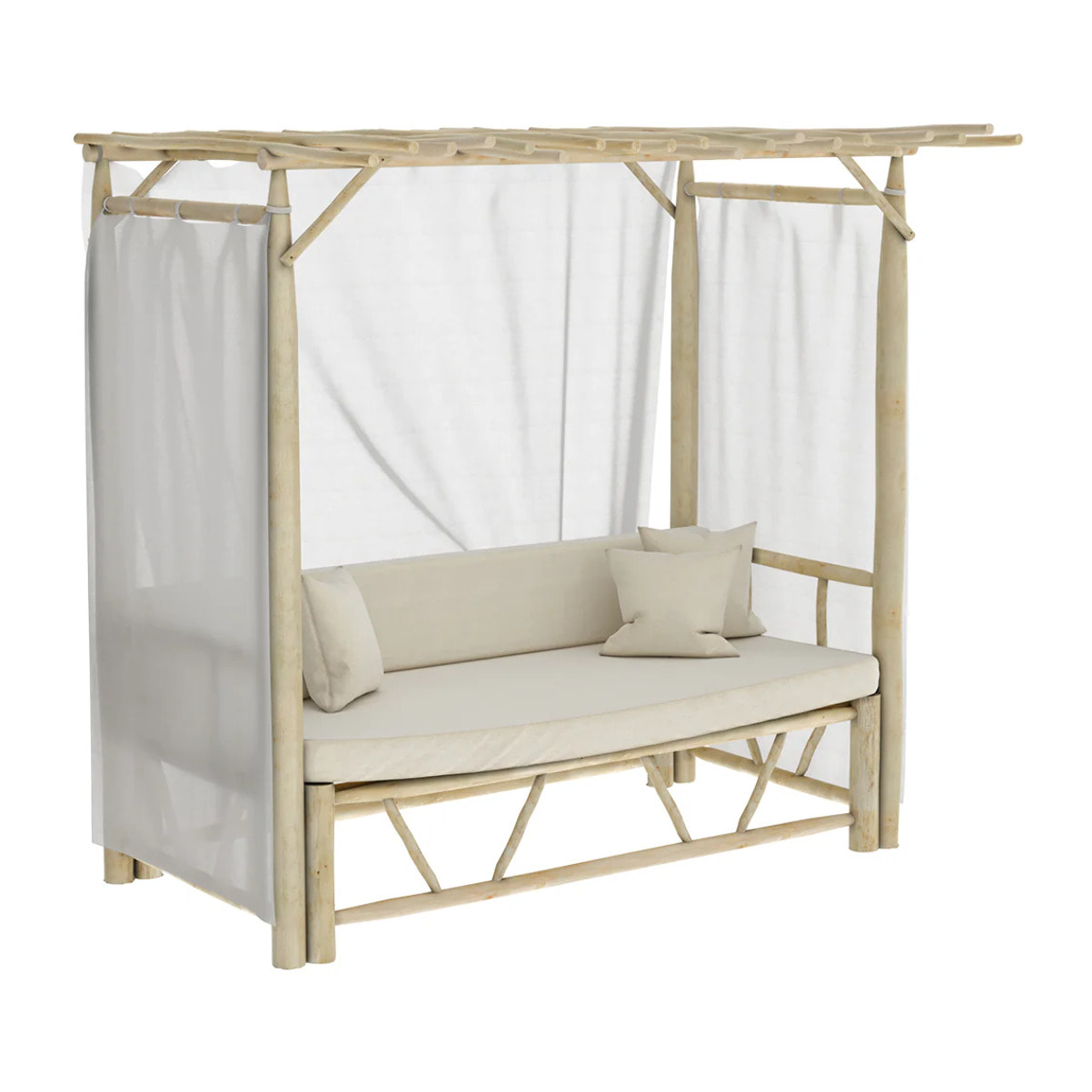 Lit à baldaquin d'extérieur en branche de teck et toile - Tika