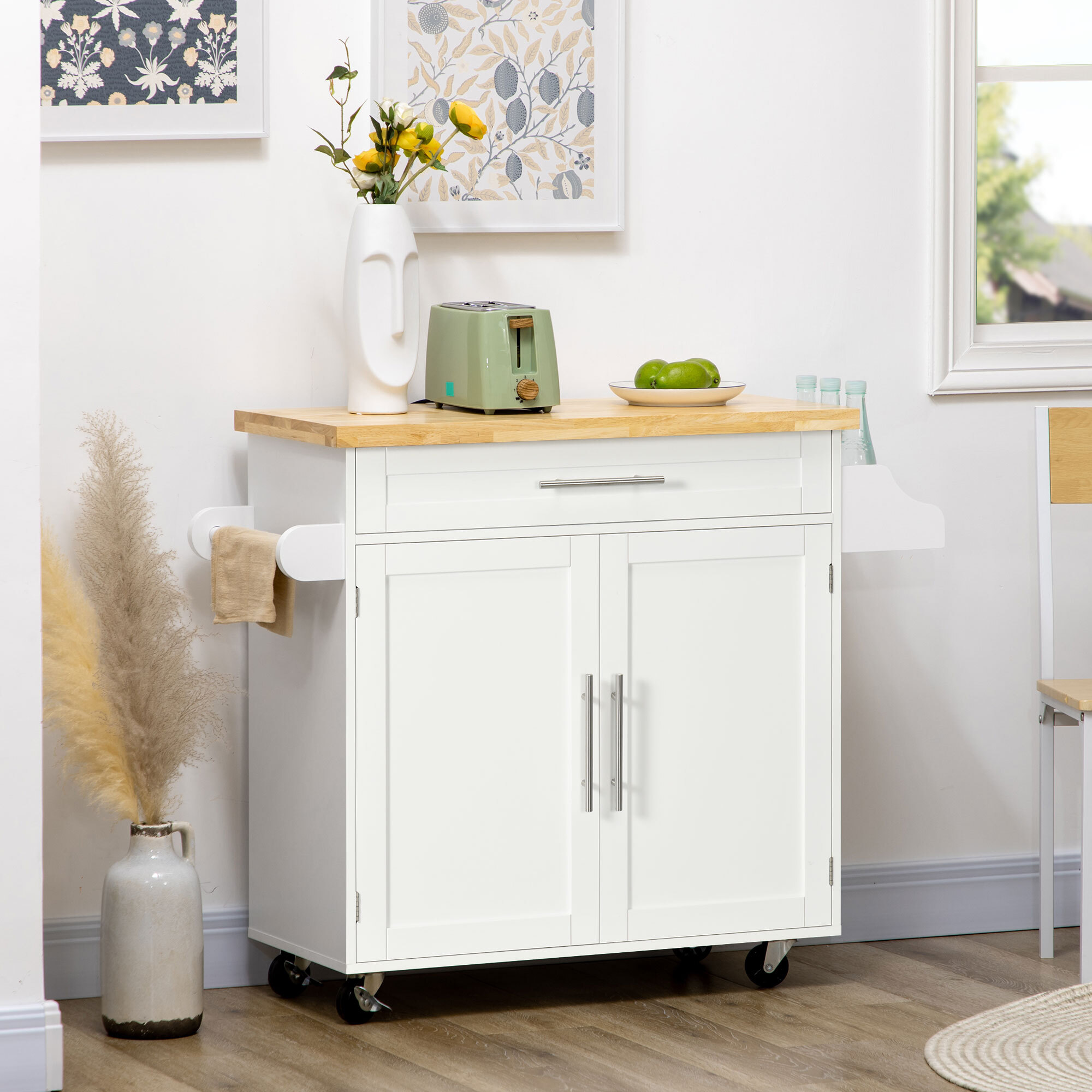 Isla de Cocina con Ruedas, Carro de Cocina con Cajón, 2 Puertas, Especiero, Barra para Paños y Estante Ajustable, para Comedor, 109x40x89 cm, Blanco