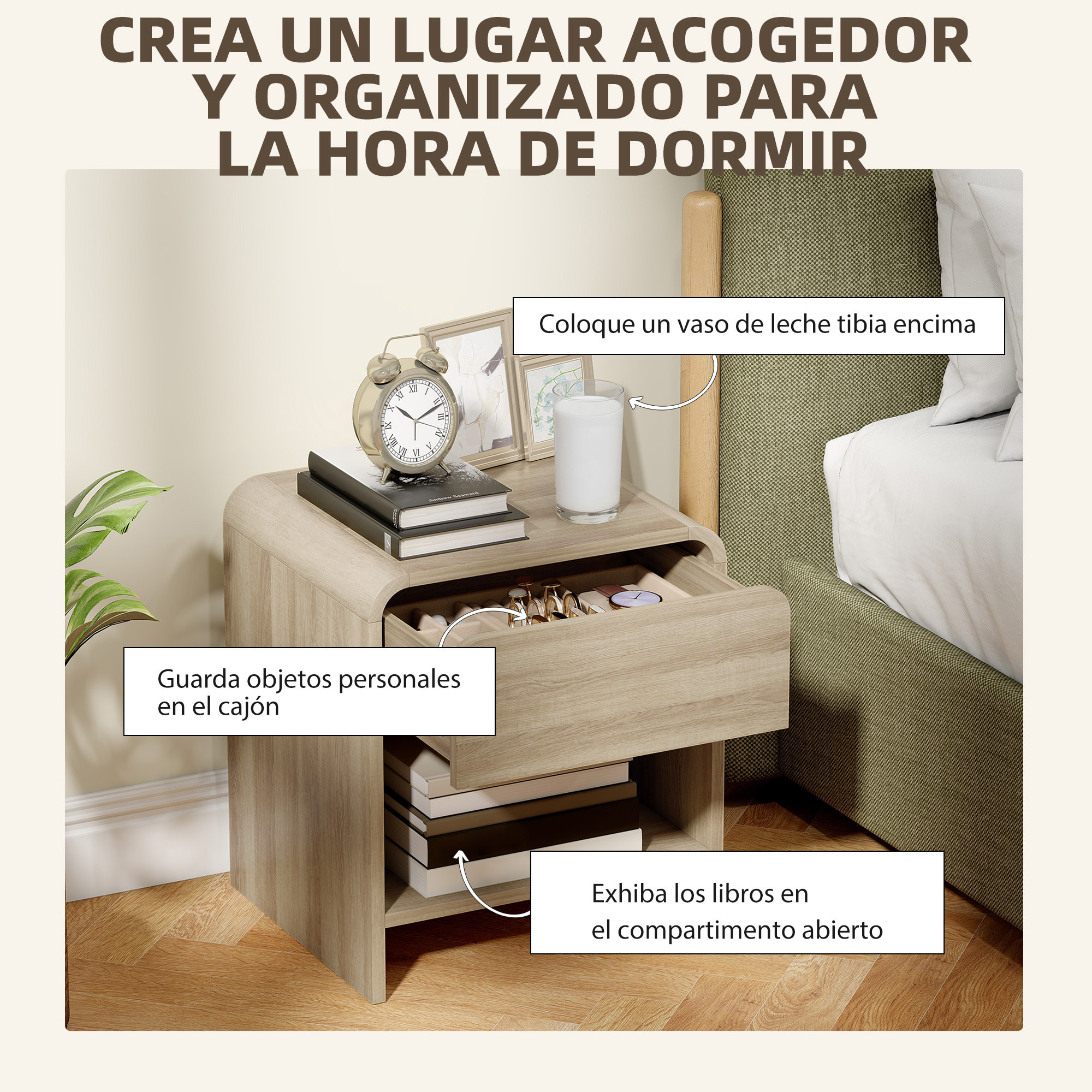 Juego de 2 Mesitas de Noche Nórdicas, Mesillas de Noche con Esquinas Redondeadas, Cajón y Estante Abierto, Mesita Auxiliar para Salón, Dormitorio, 40x35x45 cm, Natural