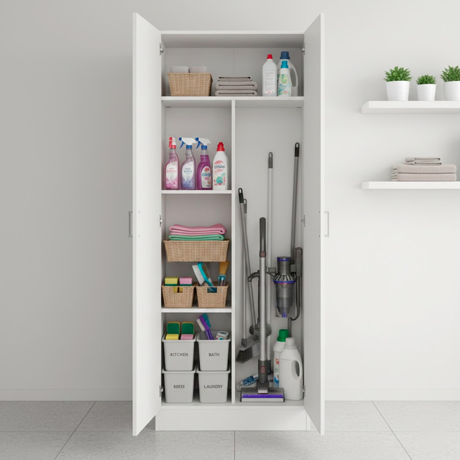 Armadio Multiuso Con 2 Ante Battenti e Ripiani Interni Armadietto Mobile Salvaspazio Per Bagno Lavanderia Ingresso 70 x 36 x 180.9 Cm Bianco