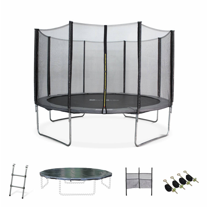 Trampoline 370cm - Saturne XXL Gris - avec filet de protection. échelle. bâche. filet pour chaussures. kit d'ancrage. trampoline de jardin 370 cm |Qualité PRO |Normes EU