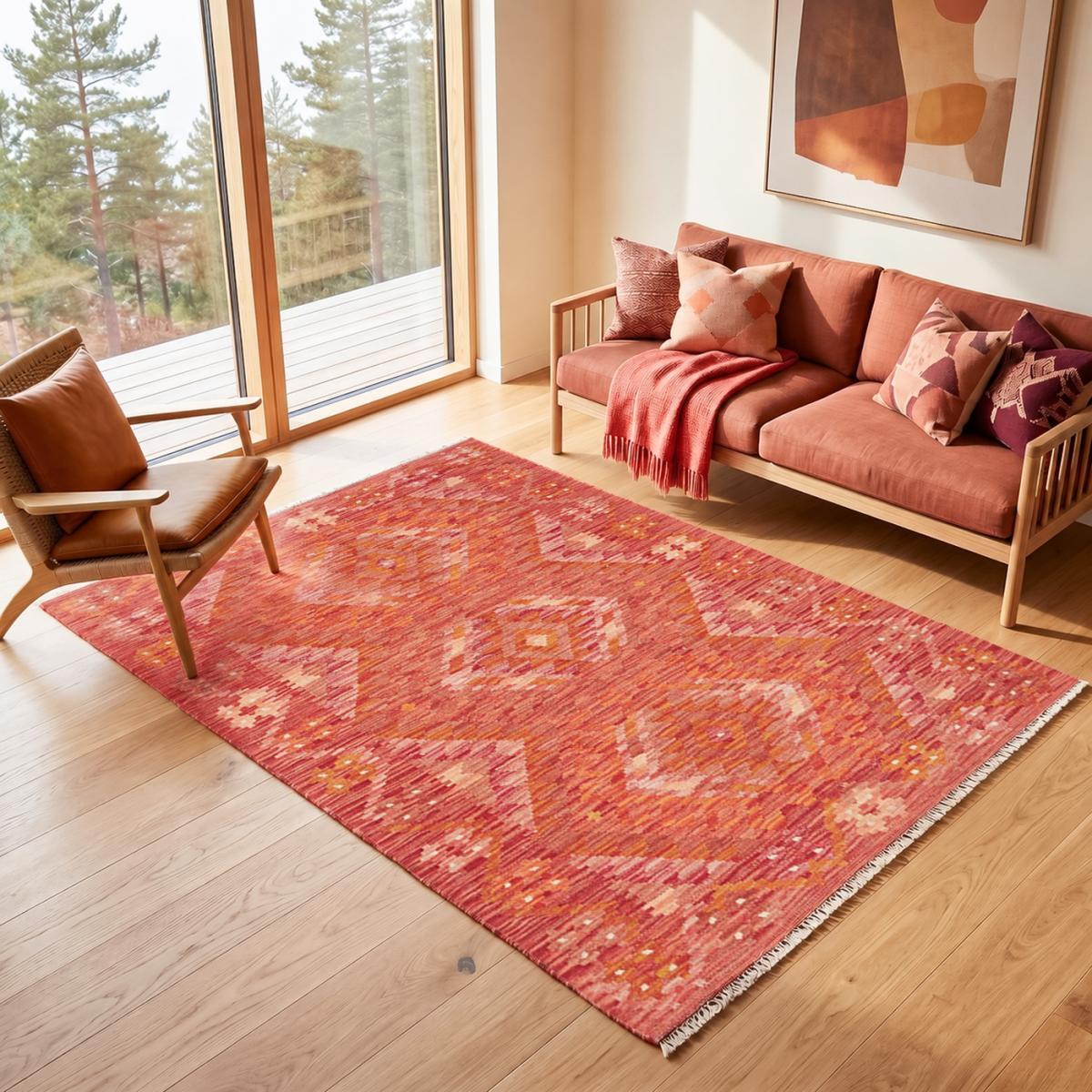 Tapis kilim, motif géométrique artisanal, tissé plat, LENE