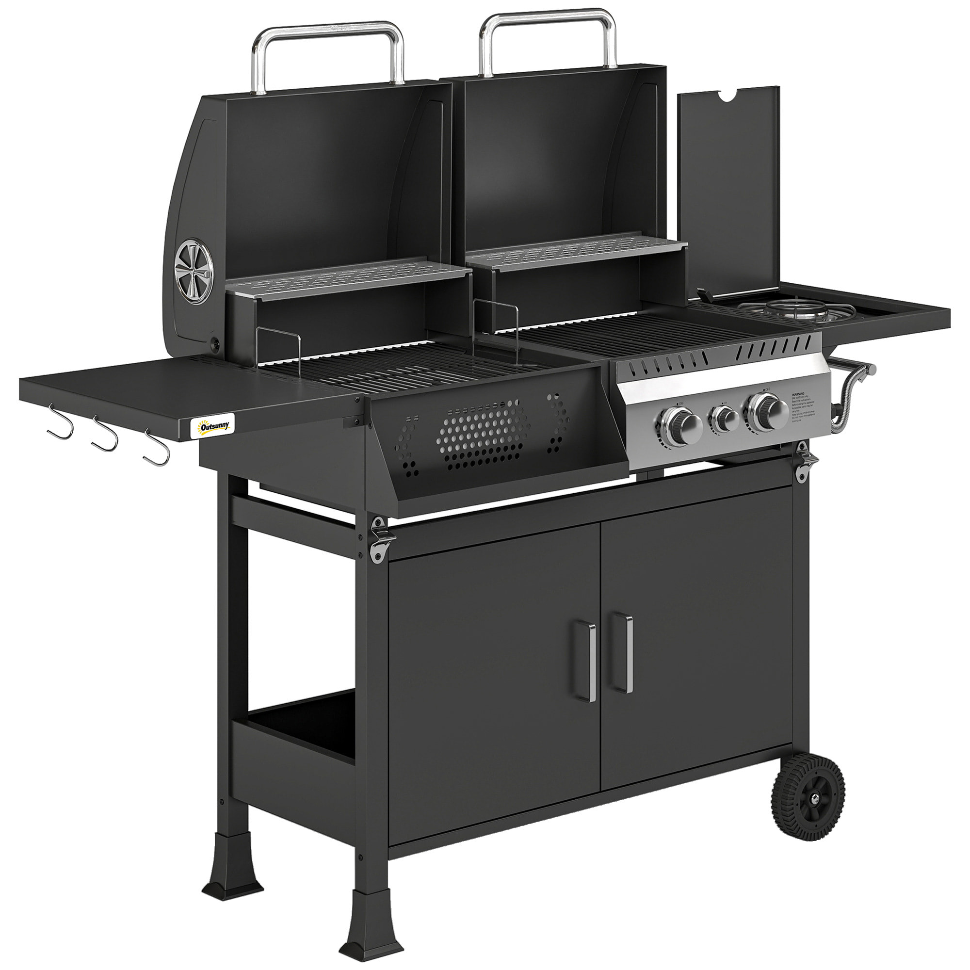 Barbecue hybride gaz et charbon de bois barbecue mixte 2 en 1 avec 3 brûleurs et feu latéral thermomètre - acier - noir
