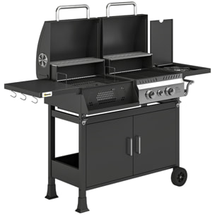 Barbecue hybride gaz et charbon de bois barbecue mixte 2 en 1 avec 3 brûleurs et feu latéral thermomètre - acier - noir