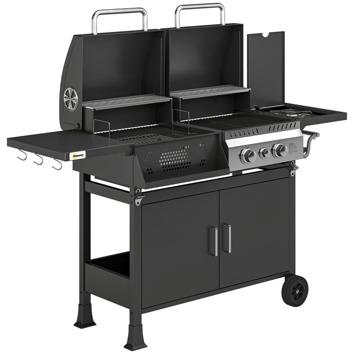 Barbecue hybride gaz et charbon de bois barbecue mixte 2 en 1 avec 3 brûleurs et feu latéral thermomètre - acier - noir