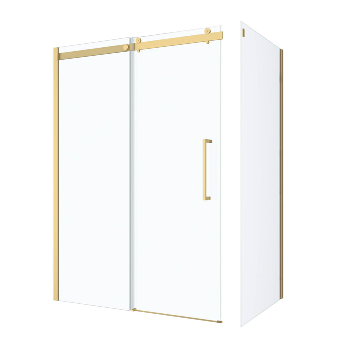 Pack Porte de Douche Coulissante 140x200cm et Retour 80cm - Or Doré Brossé et Verre trempé 6mm