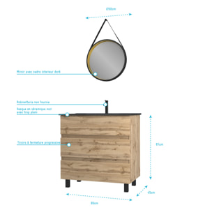 Pack Meuble SDB 80cm sur pieds 3 tiroirs Chene_Vasque noire + Miroir Barber - TIMBER 80_Pack44