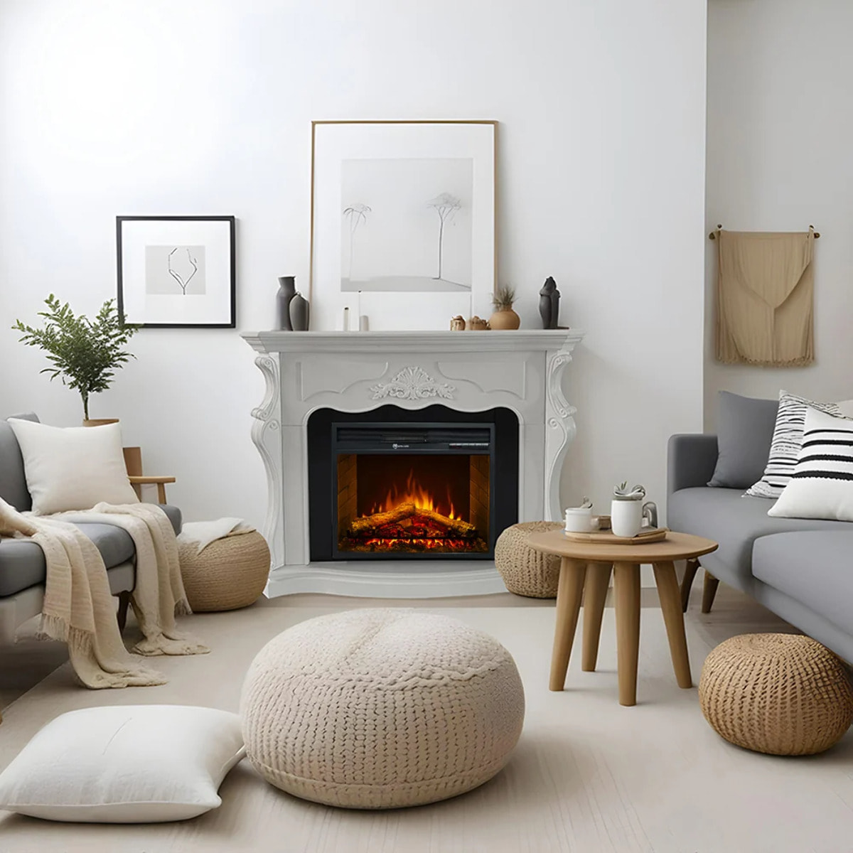 Parigi - Camino Elettrico da Terra 123x100x39 cm in Legno MDF Bianco