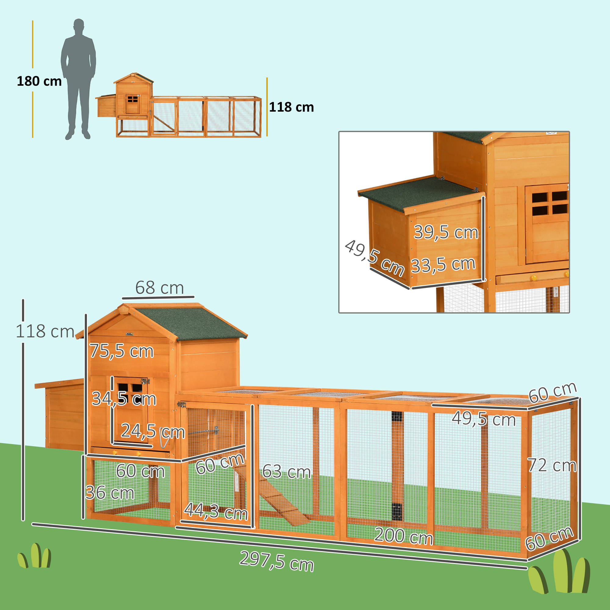 Gallinero de Madera 297,5x68x118 cm para 3-6 Gallinas con Techo Asfáltico Corral