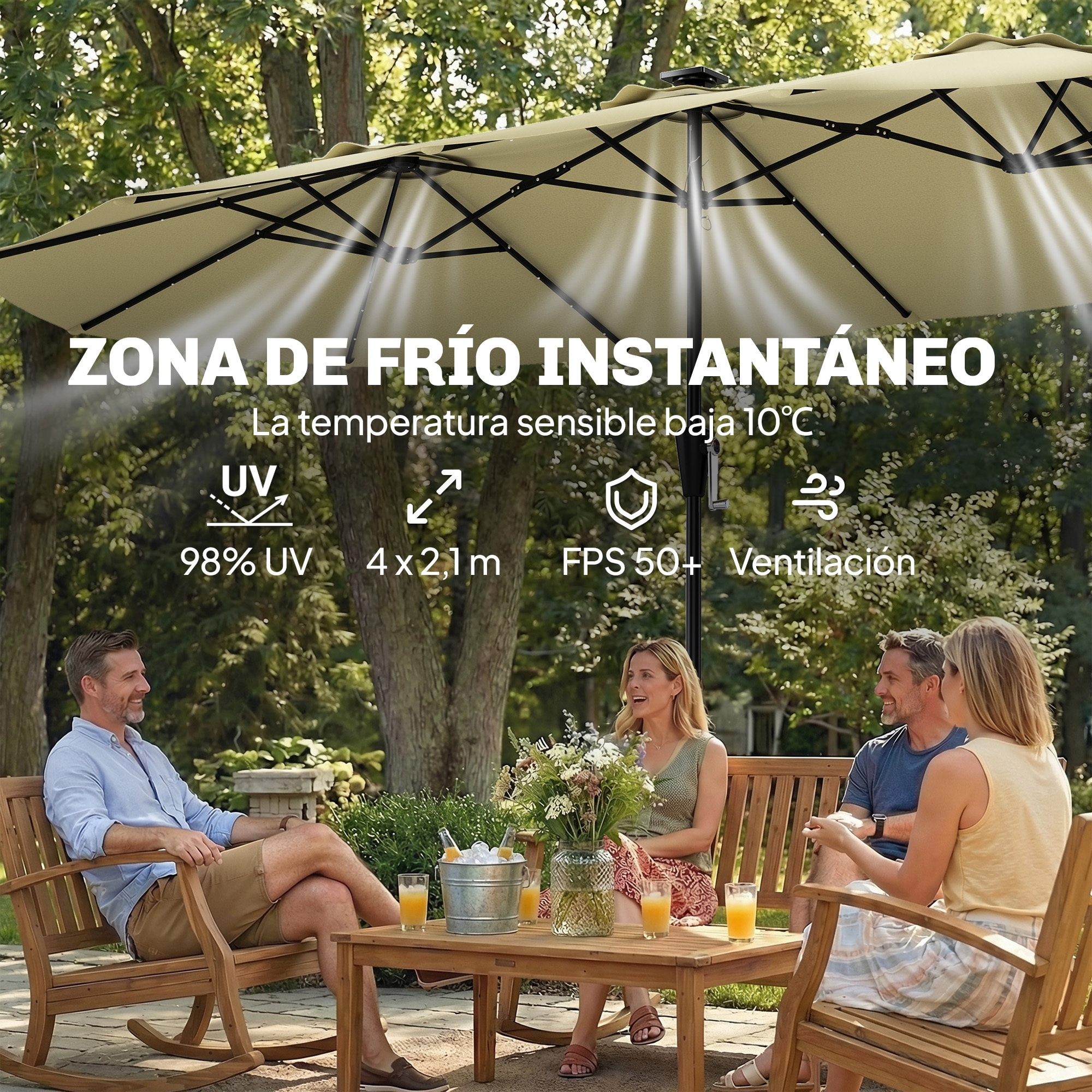 Sombrilla Doble con 36 Luces LED Solares, 4x2 m, Sombrilla Terraza Exterior con Manivela, UPF50+, 12 Varillas, Resistente al Agua, Parasol para Jardín, Terraza, Patio, Beige