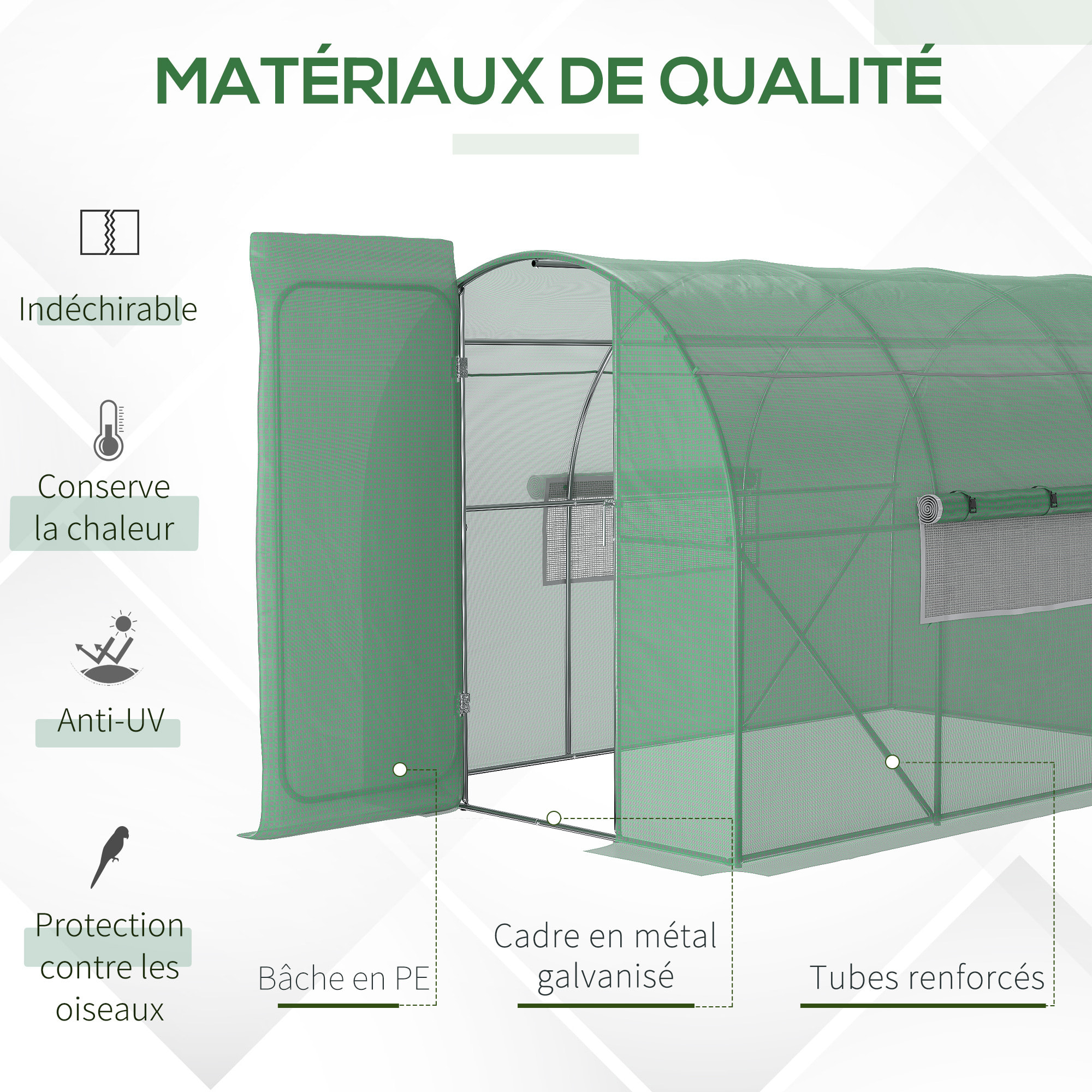 Serre de Jardin Tunnel 6 m² Acier galvanisé renforcé diamètre 2,5 cm + PE Haute densité fenêtres Porte Vert