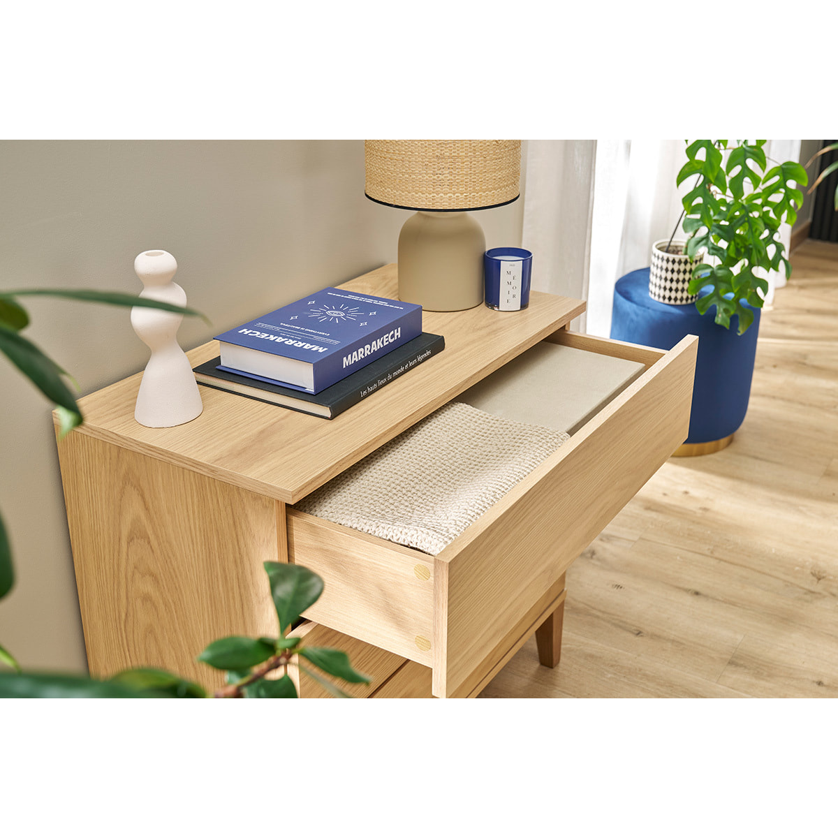 Commode scandinave en bois clair chêne 3 tiroirs L80 cm FREDDY