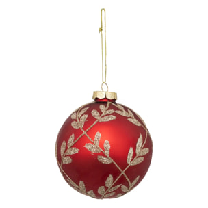 Boule de noël rouge avec feuilles dorées en verre 80mm