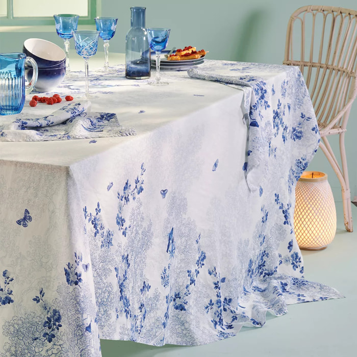Nappe métis lin & coton lavé 190 g/m² imprimé bleu blanc Voliere bleu