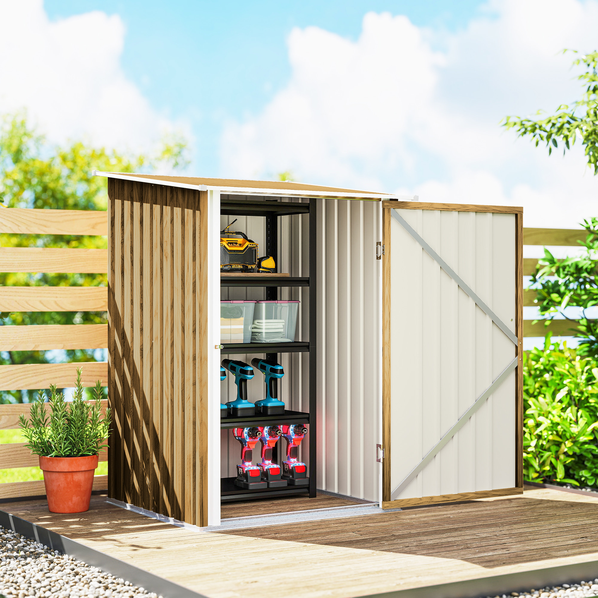 Cobertizo de Jardín Exterior, 0,92 m², 100x103x160 cm, Caseta de Jardín Exterior Metálica con 1 Puerta y Cerradura, para Almacenamiento de Herramientas, para Patio, Terraza, Marrón Claro