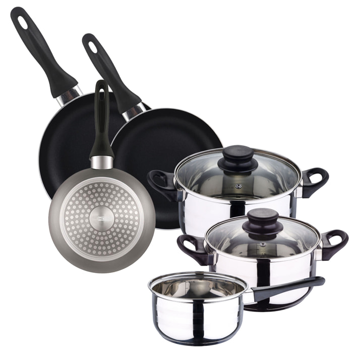 set de batería de cocina de 5pc en acero inoxidable + 3 sartenes ø16ø20ø24cm gris metalizado en aluminio prensado
