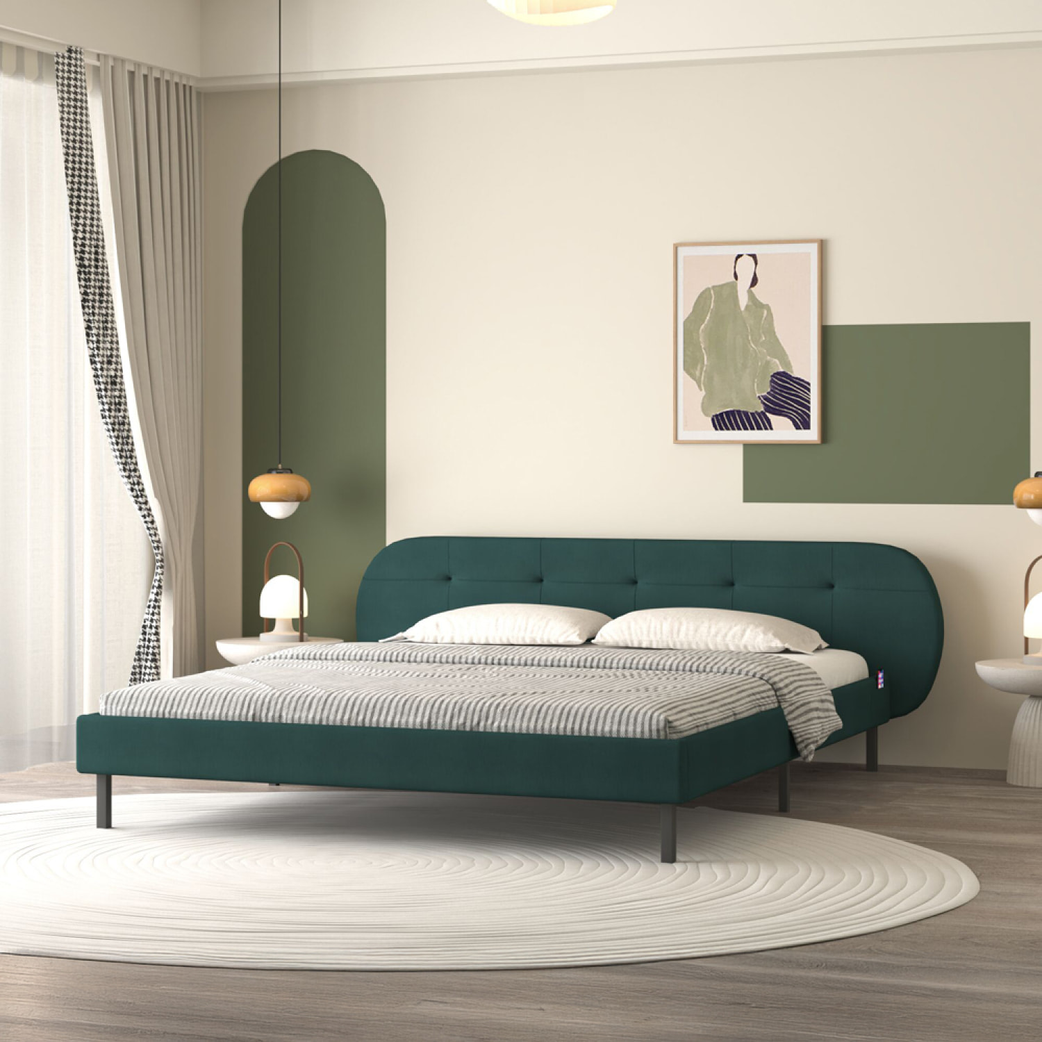 RENO Lit capitonné 140x190cm vert avec tête de lit et sommier